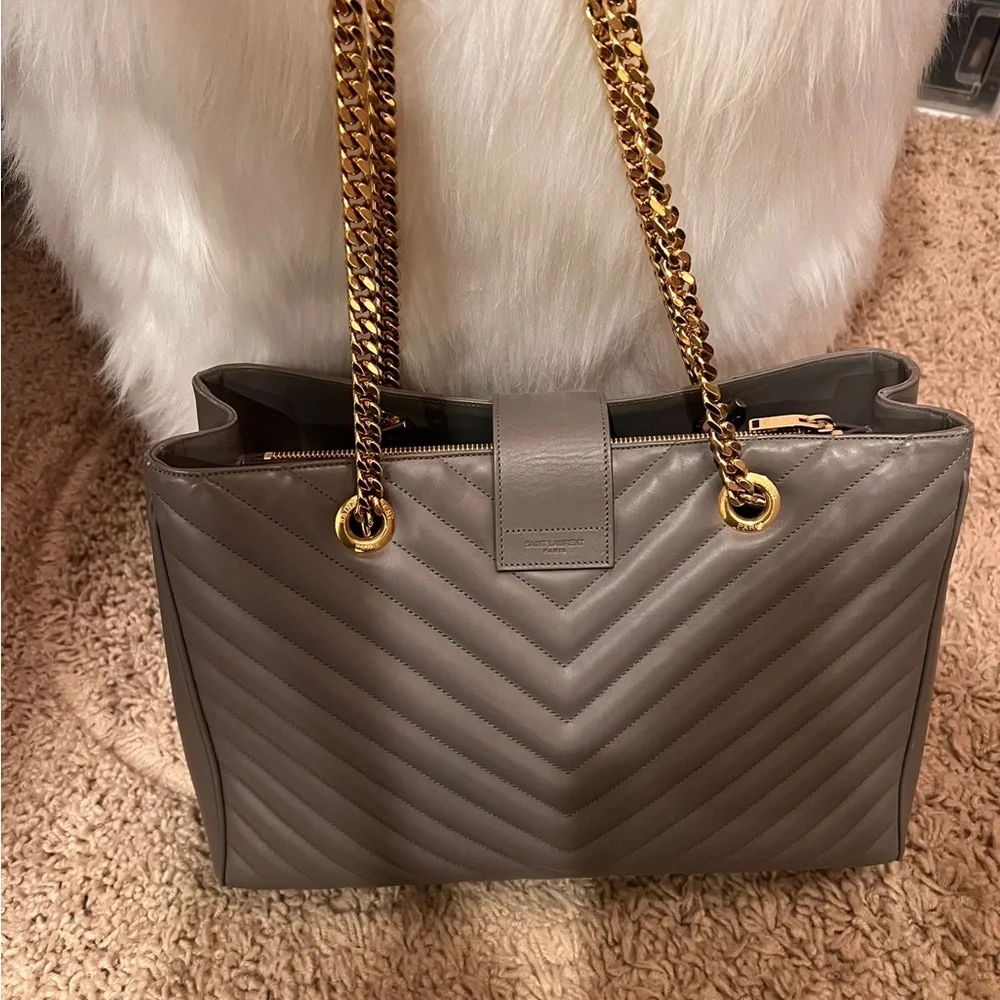 Yves Saint Laurent Gray Chevron Quilted Tote with Gold Chain Handles